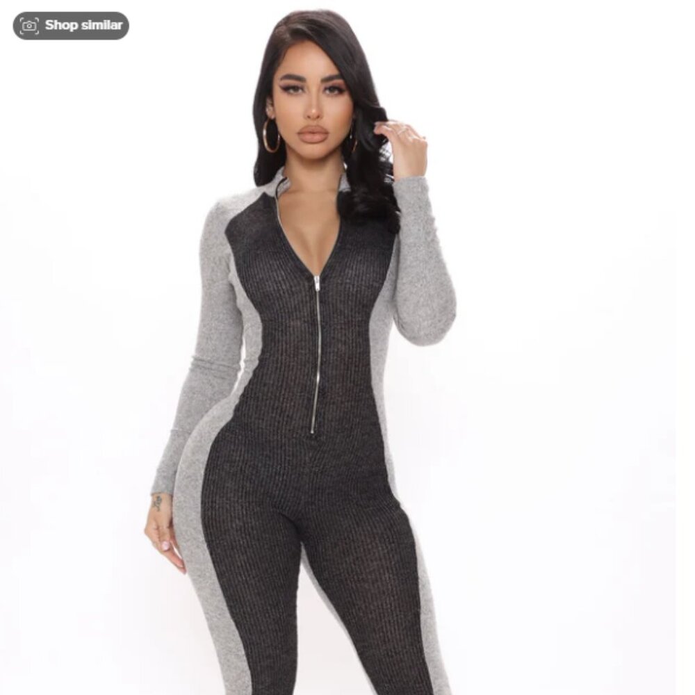 Fashion Nova Grey Long Sleeve Jumpsuit